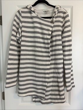Hard Tail Gray and White Striped Asymmetric Hooded Shacket